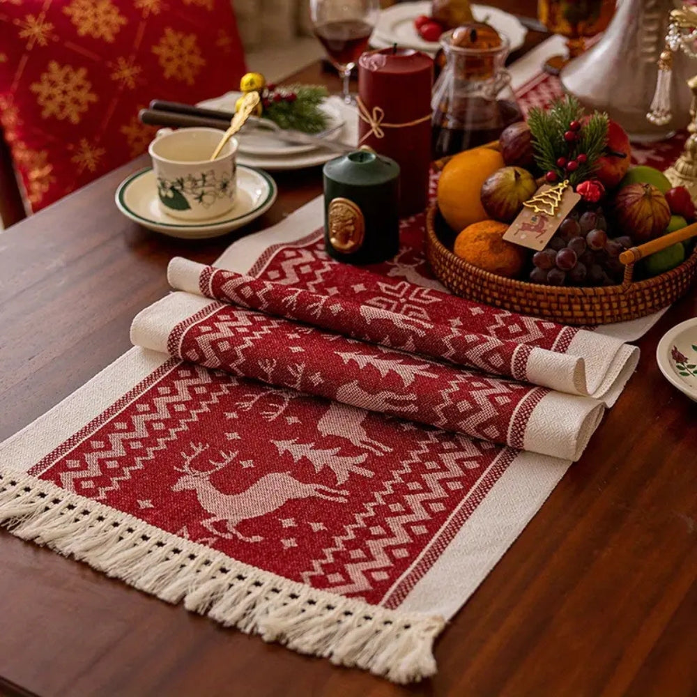 Festive Elk Microfiber Table Runner with Tasseled Edges