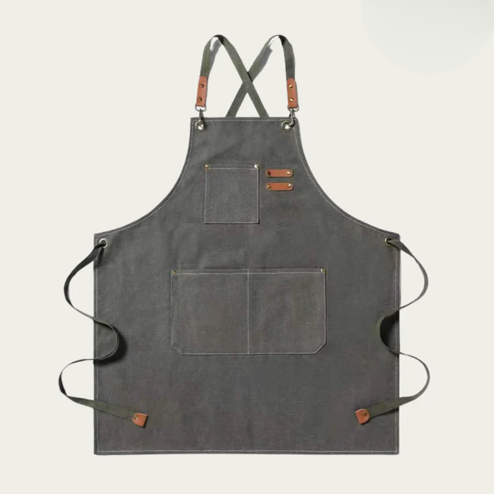Canvas Work Apron Cross-Back Straps Multiple Pockets Leather Trim