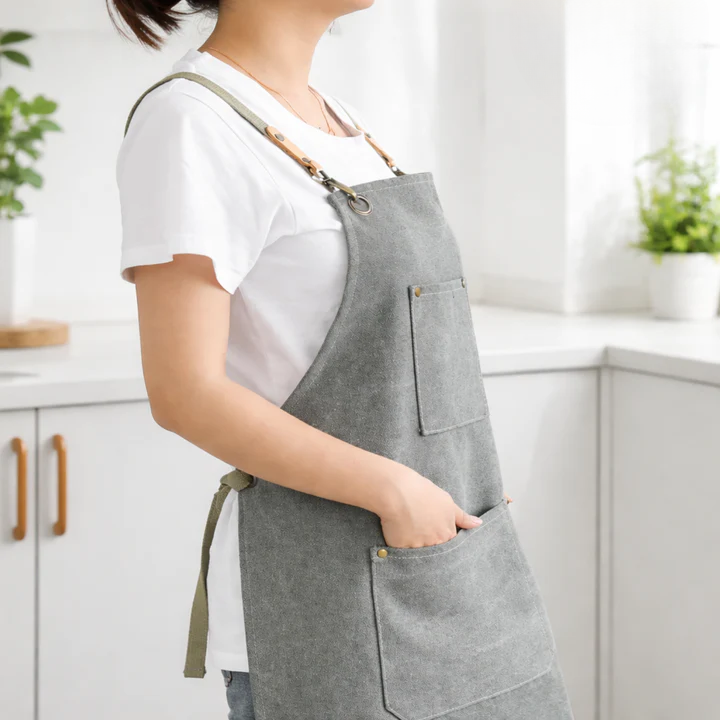 Canvas Work Apron Cross-Back Straps Multiple Pockets Leather Trim