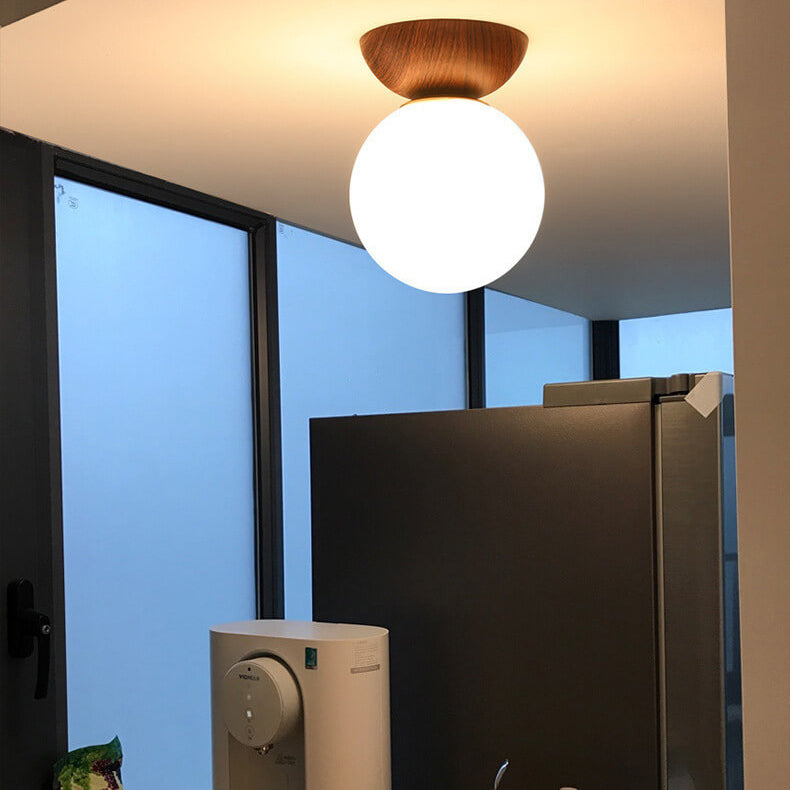 Ceiling Light Semi-Recessed Glass Globe Wood Finish