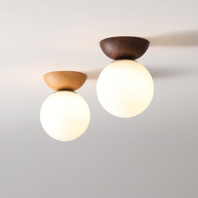 Ceiling Light Semi-Recessed Glass Globe Wood Finish