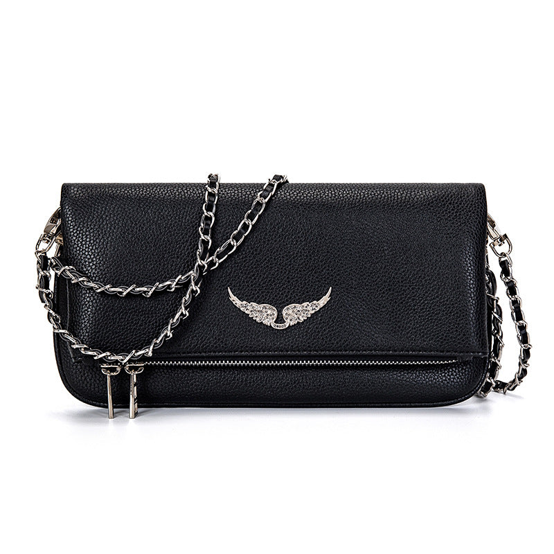 Clutch Faux Leather Rhinestone Wing Appliqué & Detachable Chain