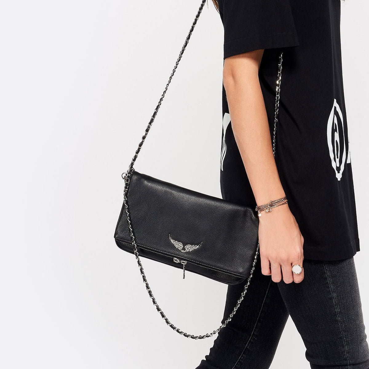 Clutch Faux Leather Rhinestone Wing Appliqué & Detachable Chain