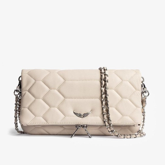 Clutch Faux Leather Rhinestone Wing Appliqué & Detachable Chain