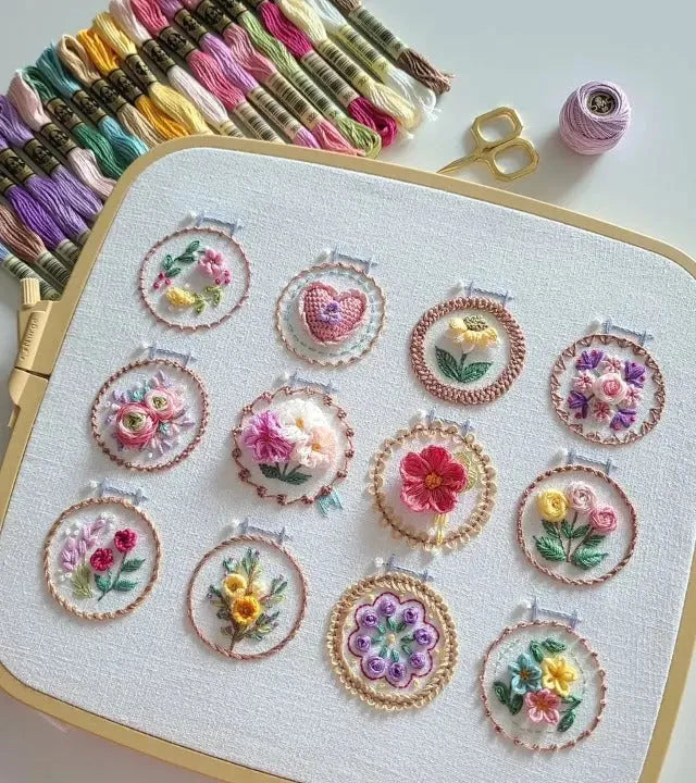 Embroidery Kit Pre-Printed Linen 12 Floral Designs Wooden Hoop