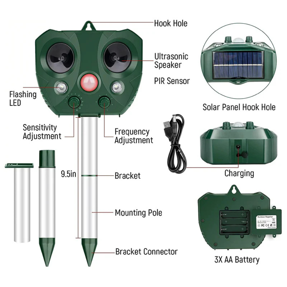 Garden Bird Repeller Solar Ultrasonic & LED Weatherproof