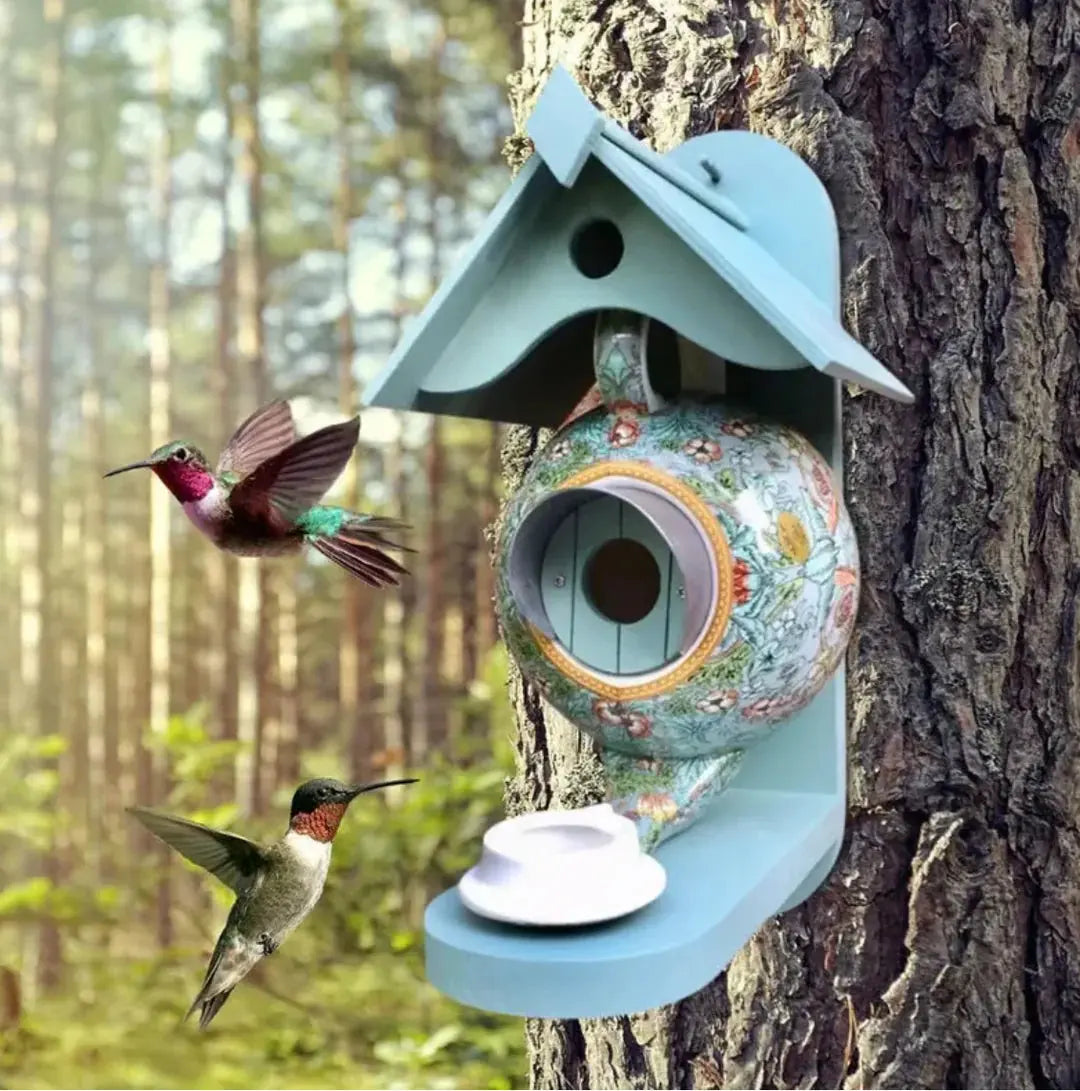 Garden Birdhouse Teapot Design Hand-Painted Weather-Resistant Resin