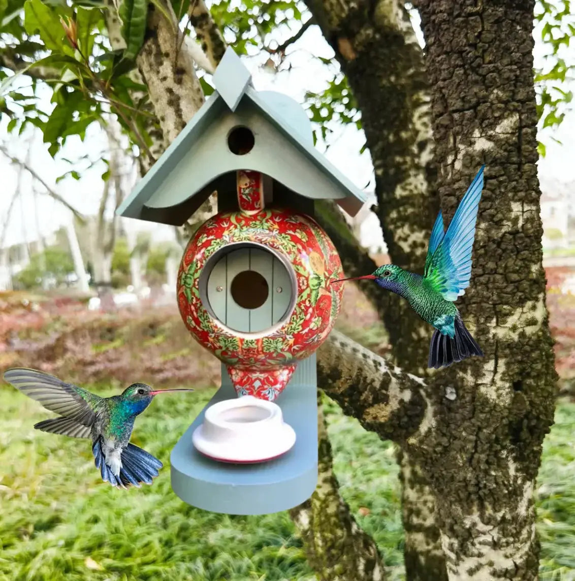 Garden Birdhouse Teapot Design Hand-Painted Weather-Resistant Resin