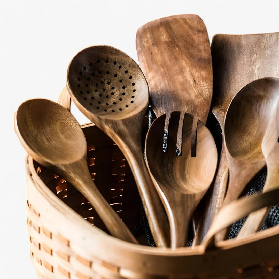 Kitchen Utensil Set Solid Teak Heat Resistant 9 Piece