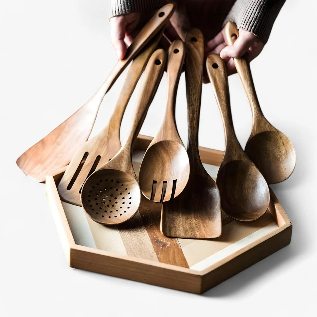 Kitchen Utensil Set Solid Teak Heat Resistant 9 Piece
