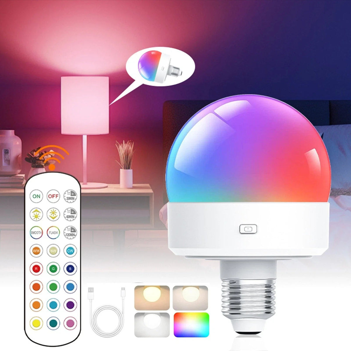 LED Bulb Rechargeable E27 RGB Remote & Timer