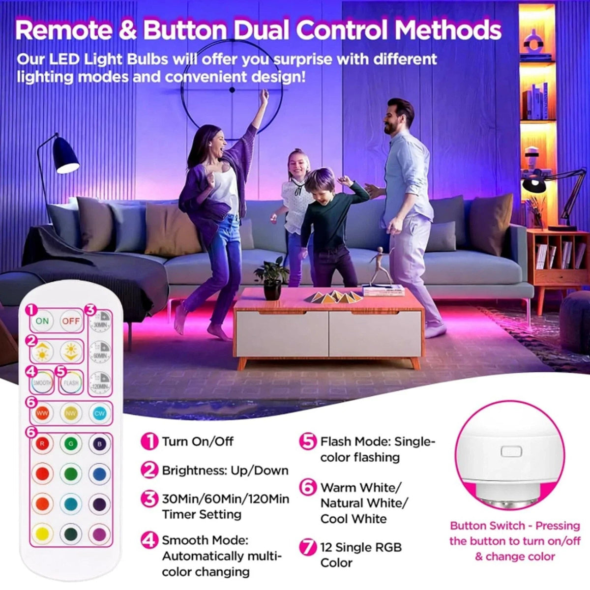 LED Bulb Rechargeable E27 RGB Remote & Timer