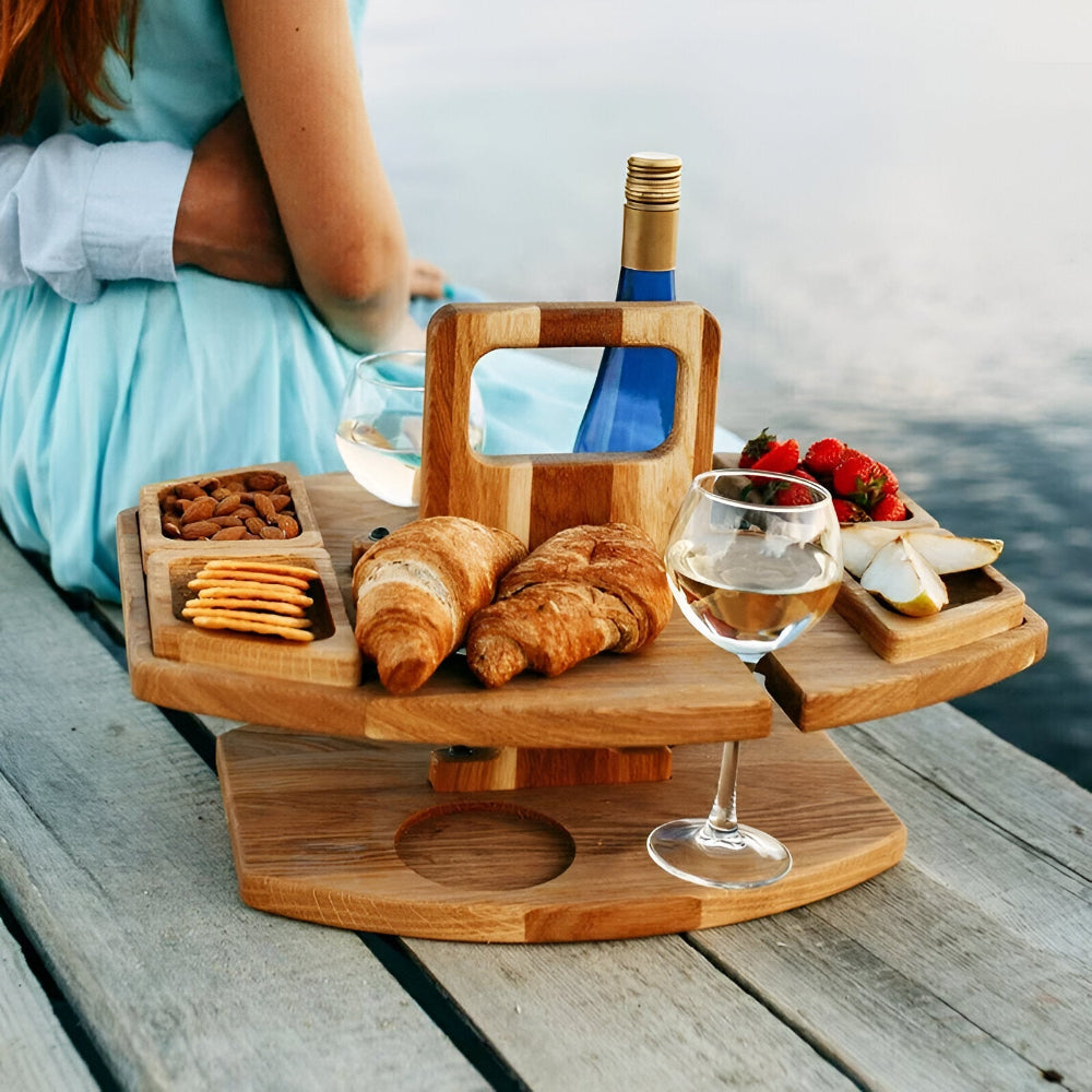 Picnic Table Foldable Wooden Wine & Bottle Holders