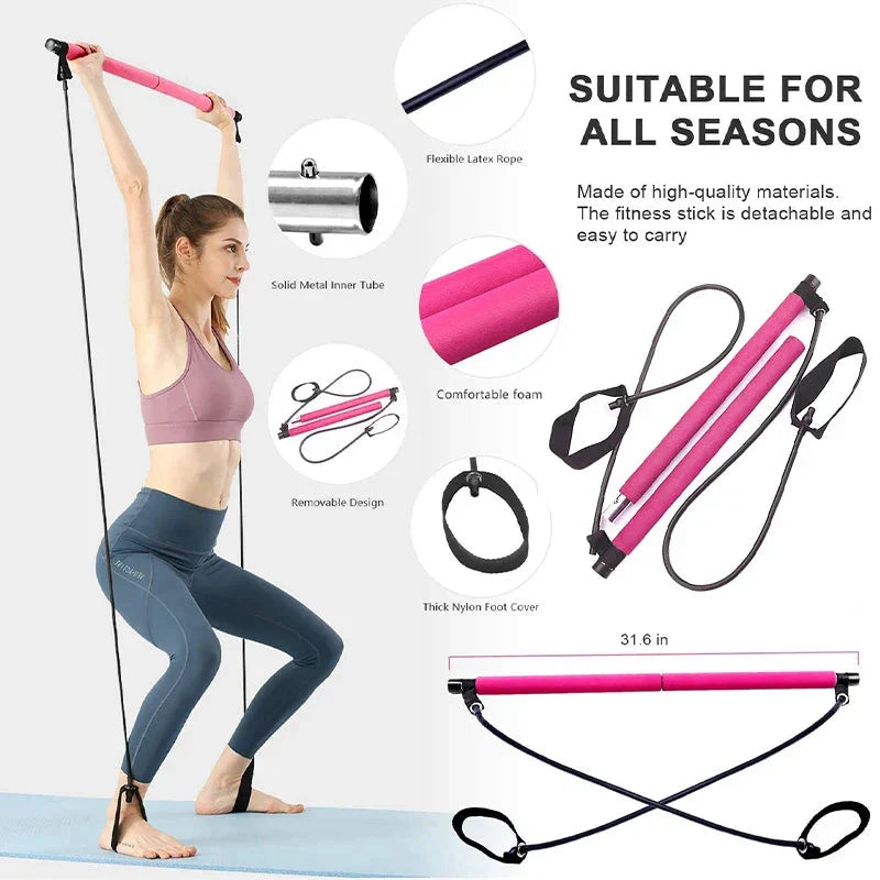 Pilates Bar Integrated Bands Adjustable Tension Travel Friendly