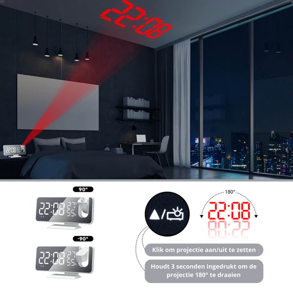 Projection Alarm Clock LED Mirror 180 Degree Projector
