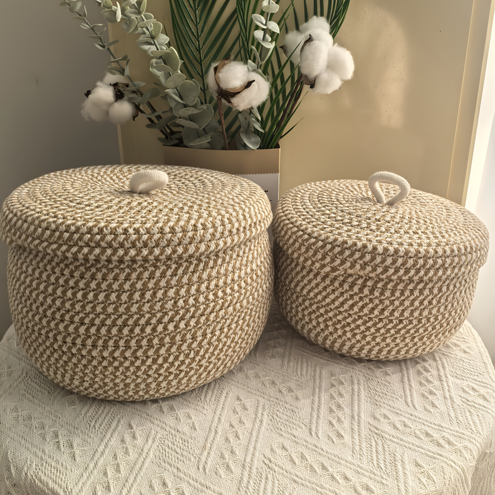 Storage Basket Handwoven Jute-Cotton Lidded Three Sizes