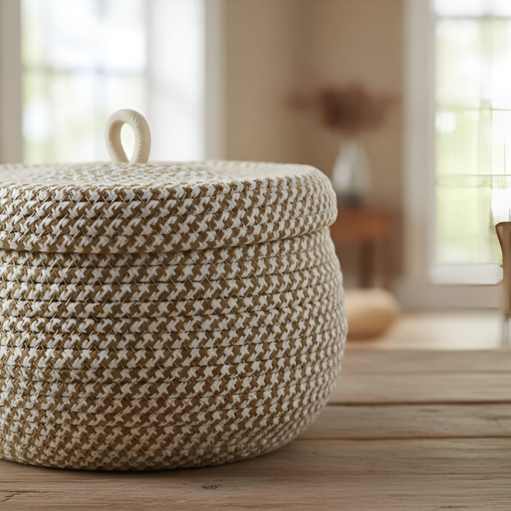 Storage Basket Handwoven Jute-Cotton Lidded Three Sizes