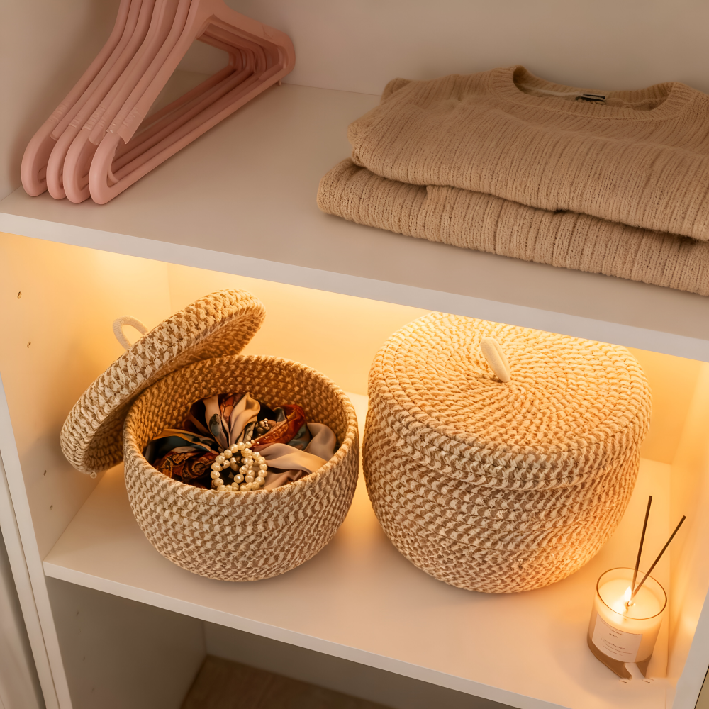 Storage Basket Handwoven Jute-Cotton Lidded Three Sizes