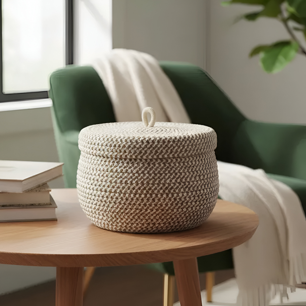 Storage Basket Handwoven Jute-Cotton Lidded Three Sizes