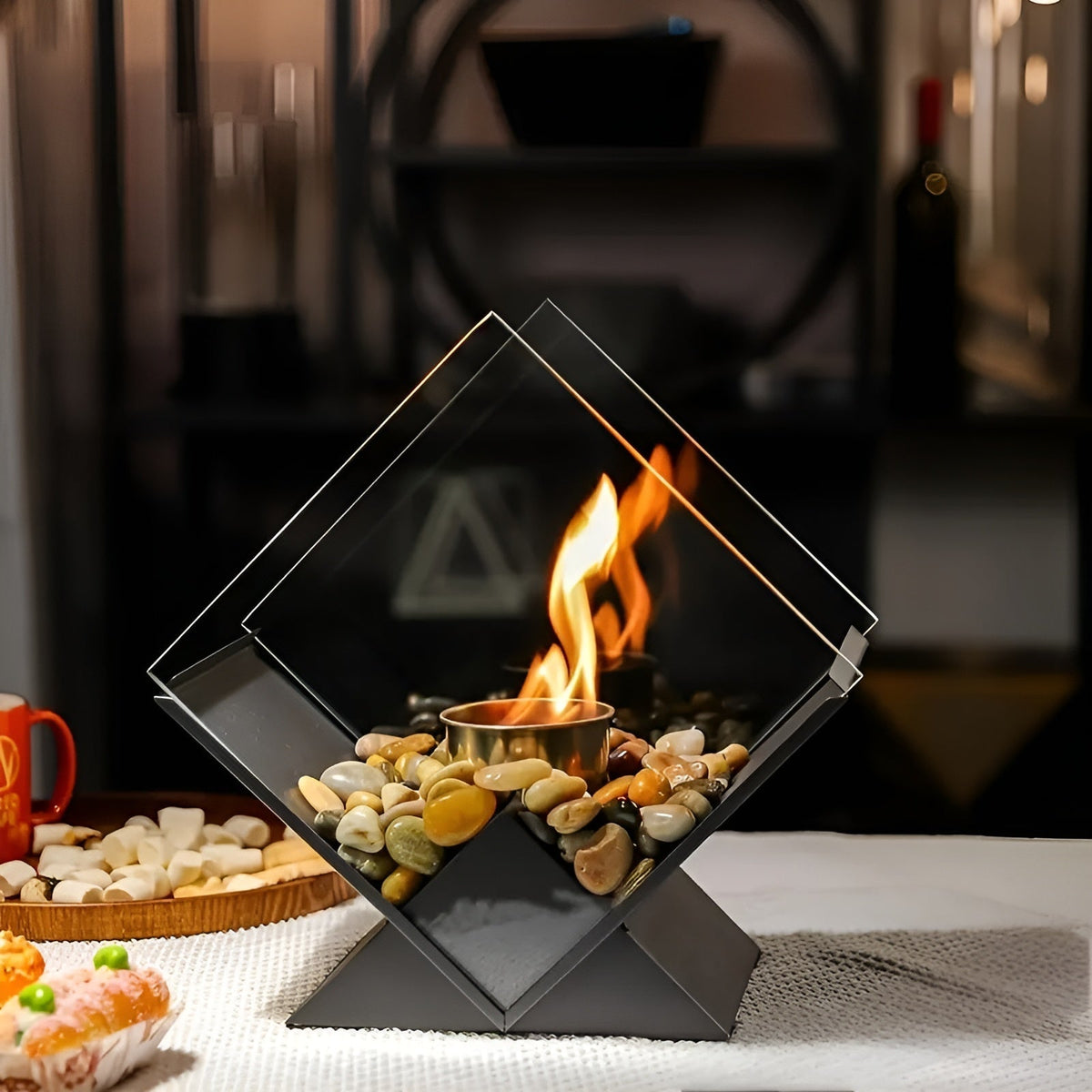 Tabletop Fireplace Bio-Ethanol Flame Mirrored Panels & Decorative Stones