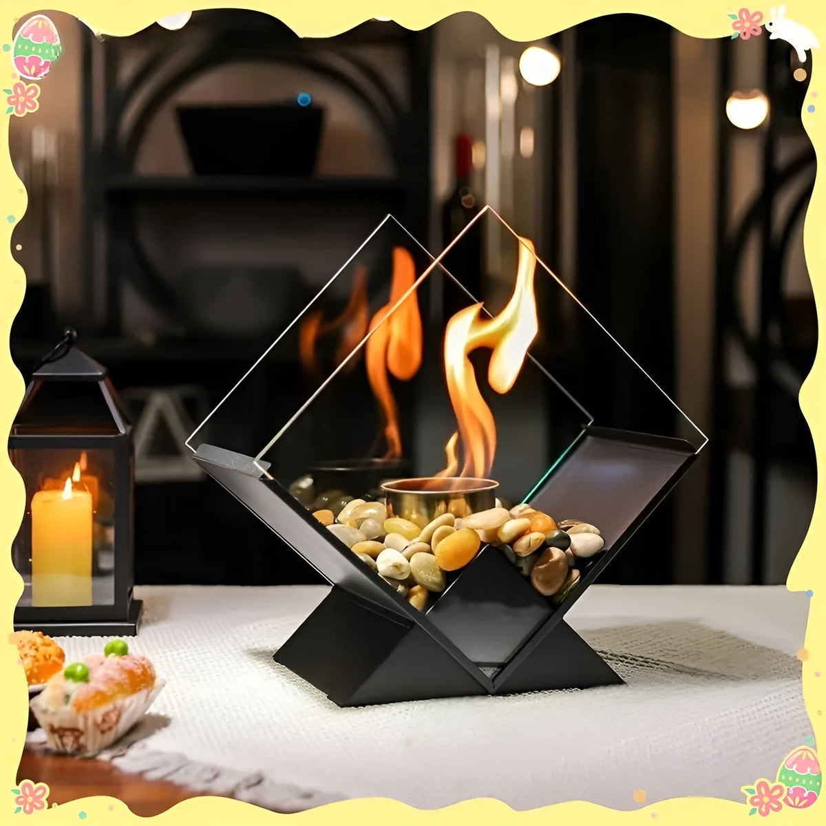 Tabletop Fireplace Bio-Ethanol Flame Mirrored Panels & Decorative Stones