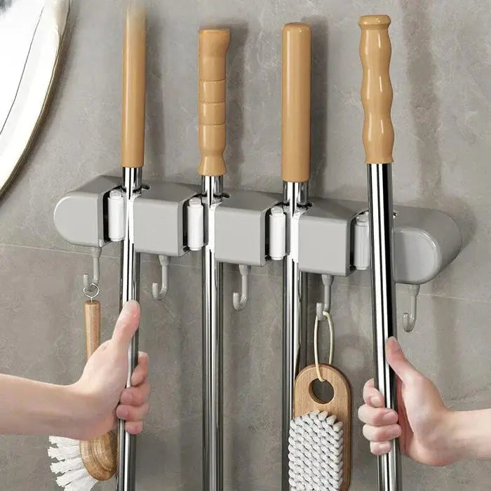 Wall Mount Broom & Mop Holder Four-Handle Space-Saving