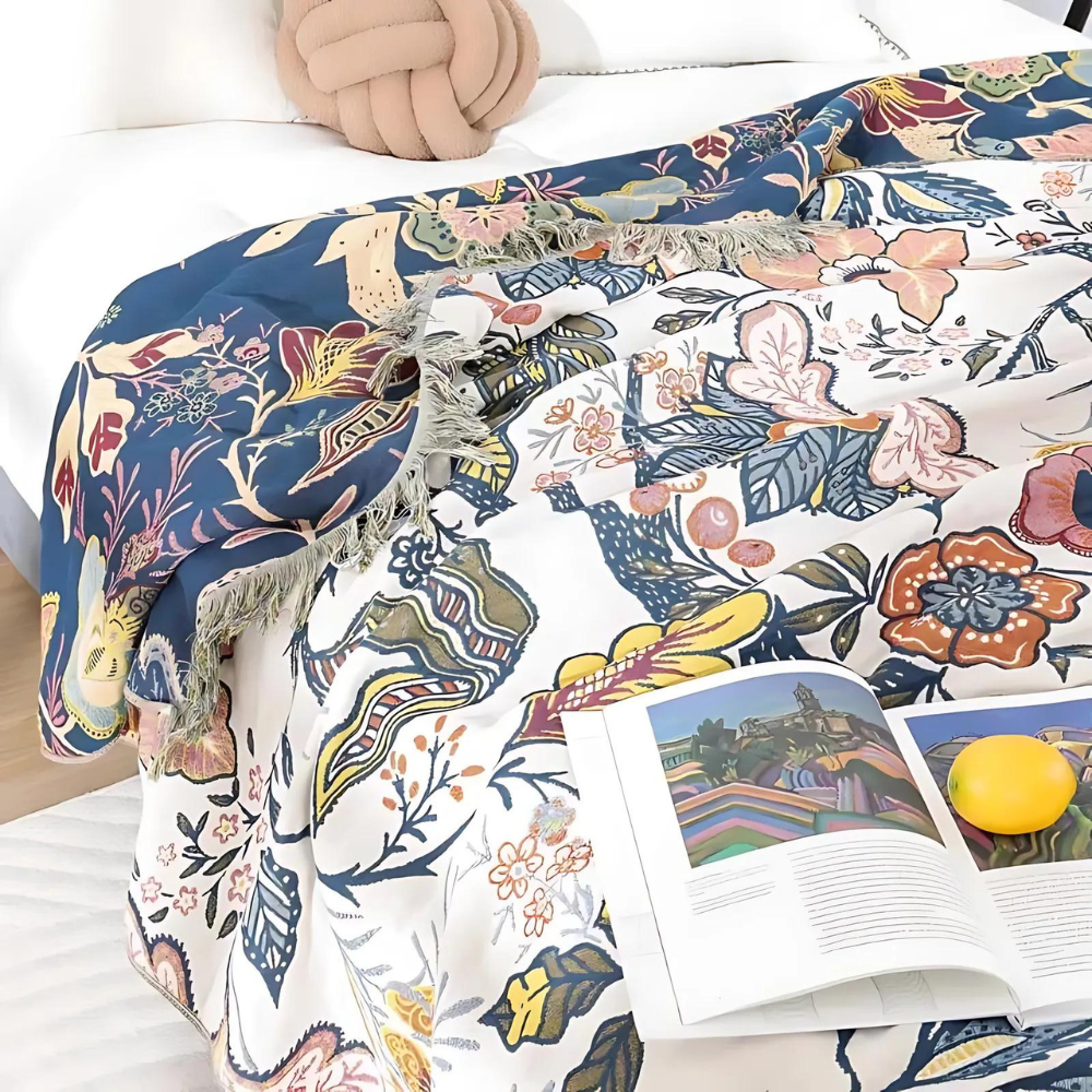 Charming Blooms Reversible Cotton Throw Blanket with Tassels