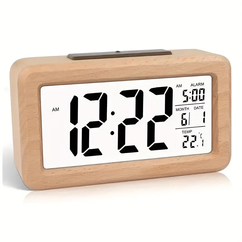 Natural Wood LED Alarm Clock with Time, Date & Temp Display