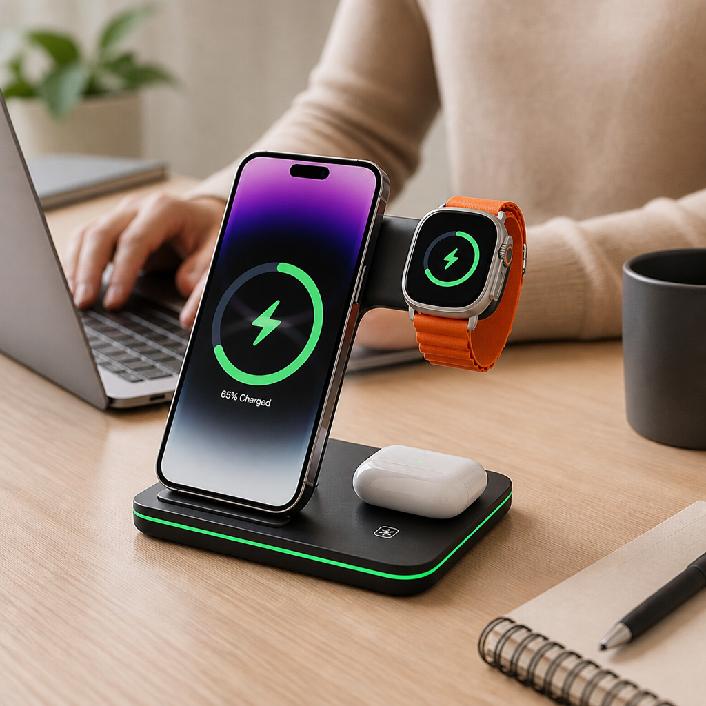 Recessed Phone Pad And Raised Watch Stand Charging Station (3-in-1)