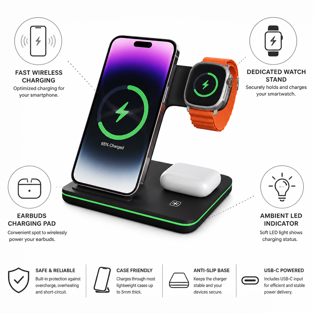 Recessed Phone Pad And Raised Watch Stand Charging Station (3-in-1)