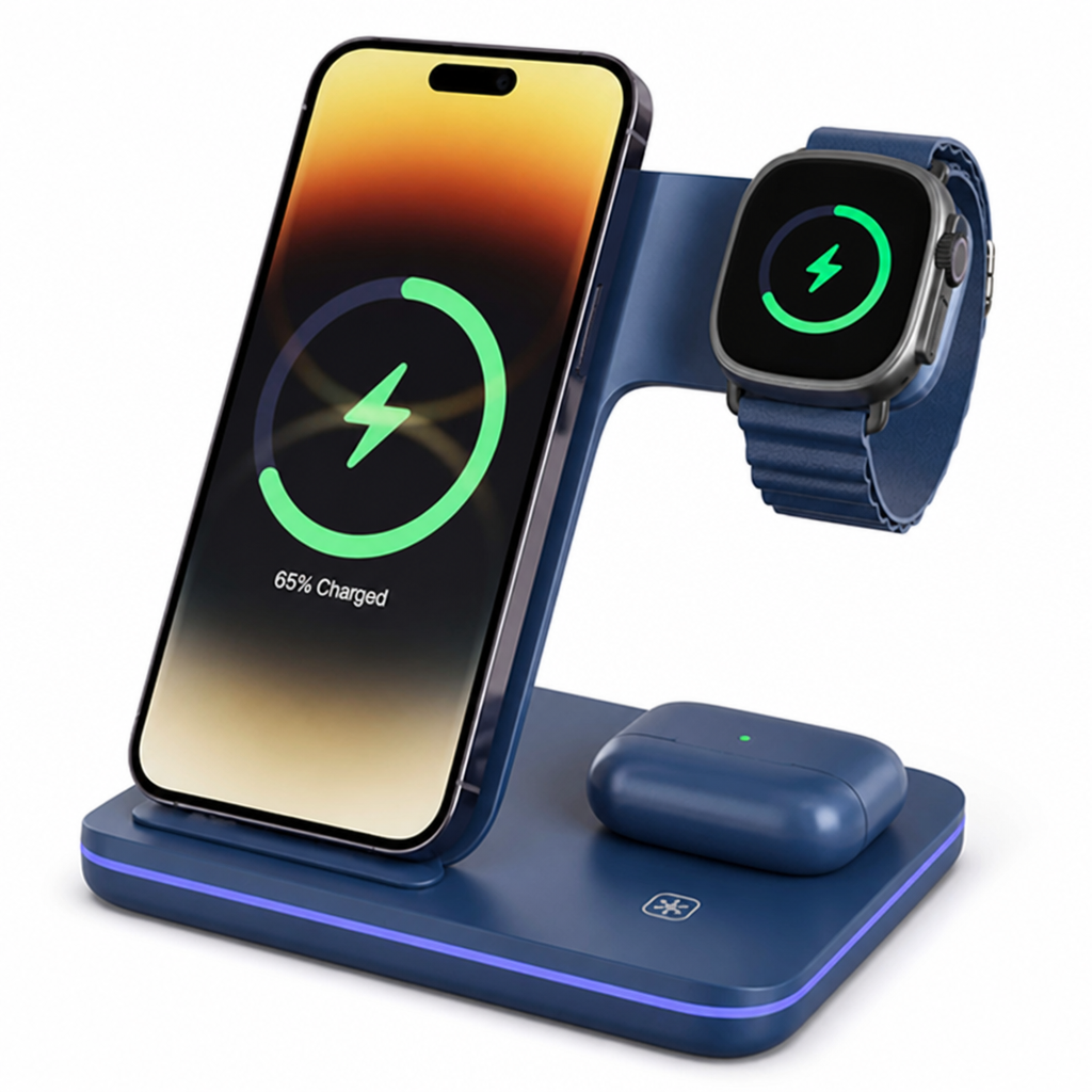 Recessed Phone Pad And Raised Watch Stand Charging Station (3-in-1)