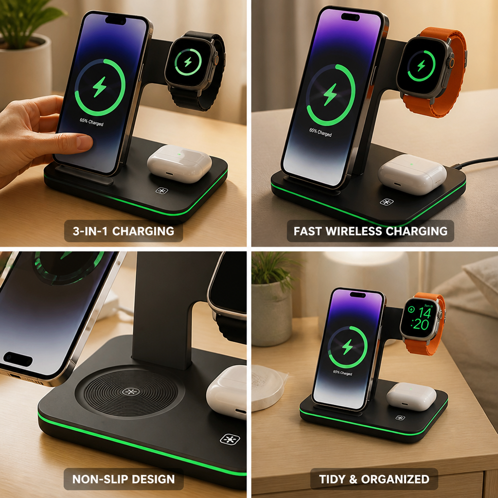 Recessed Phone Pad And Raised Watch Stand Charging Station (3-in-1)