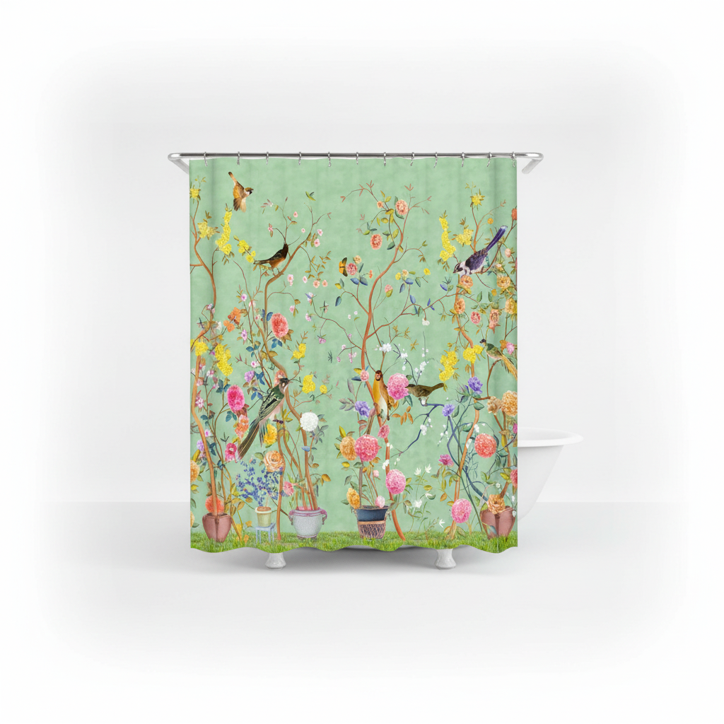 Aqua Floral Shower Curtain with Flower and Bird Design