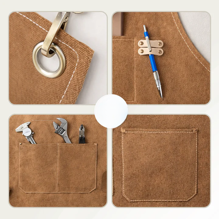 Canvas Work Apron Cross-Back Straps Multiple Pockets Leather Trim