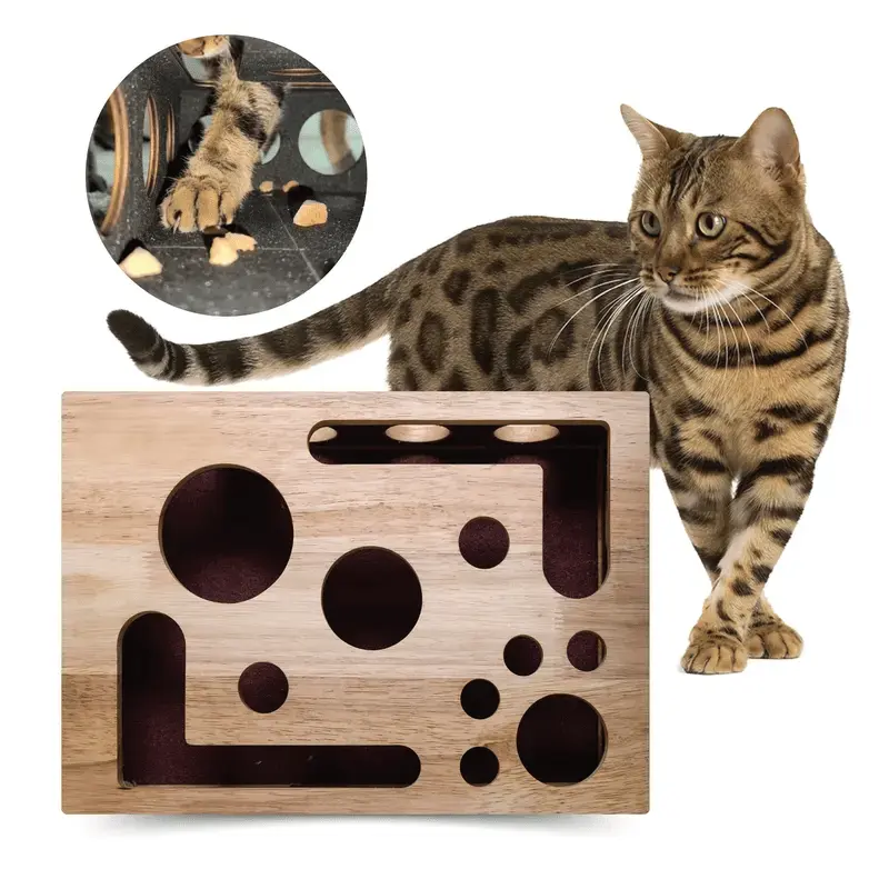 Cat Puzzle Box Oak Wood Treat Dispenser