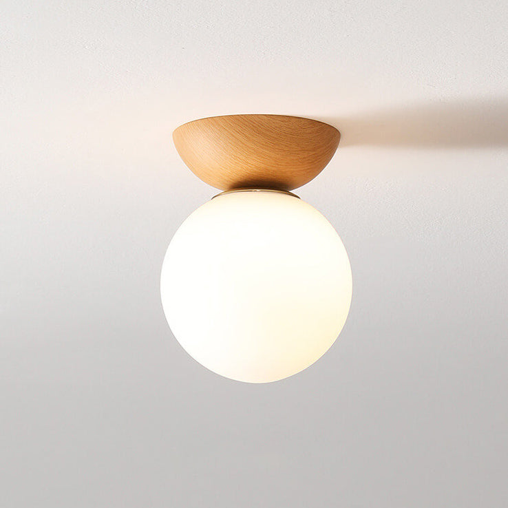 Ceiling Light Semi-Recessed Glass Globe Wood Finish