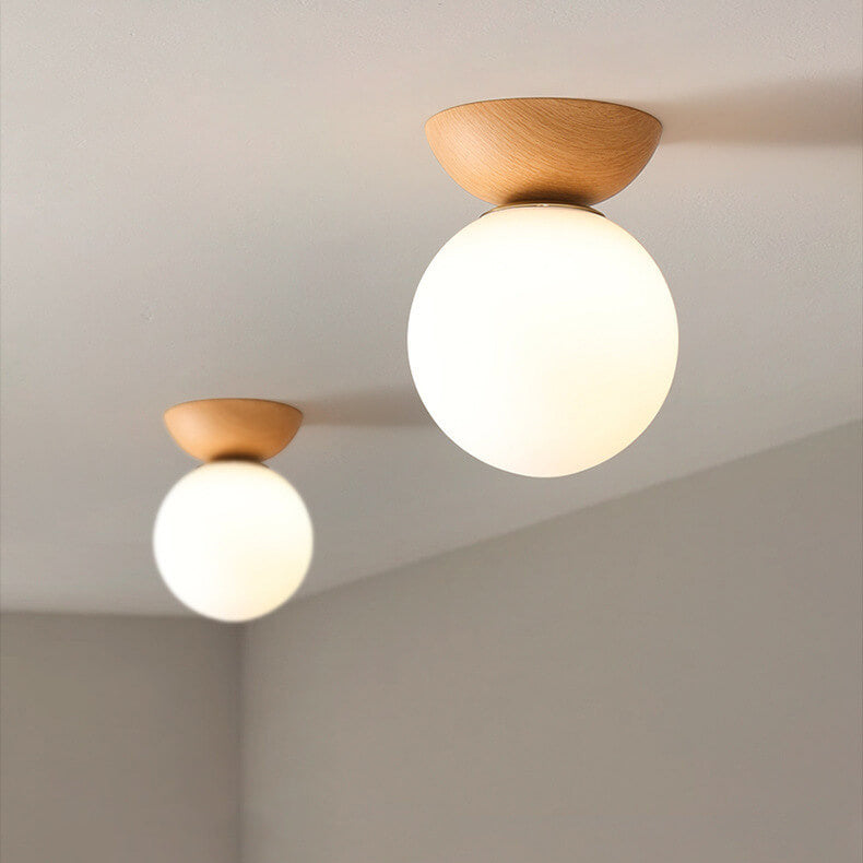 Ceiling Light Semi-Recessed Glass Globe Wood Finish