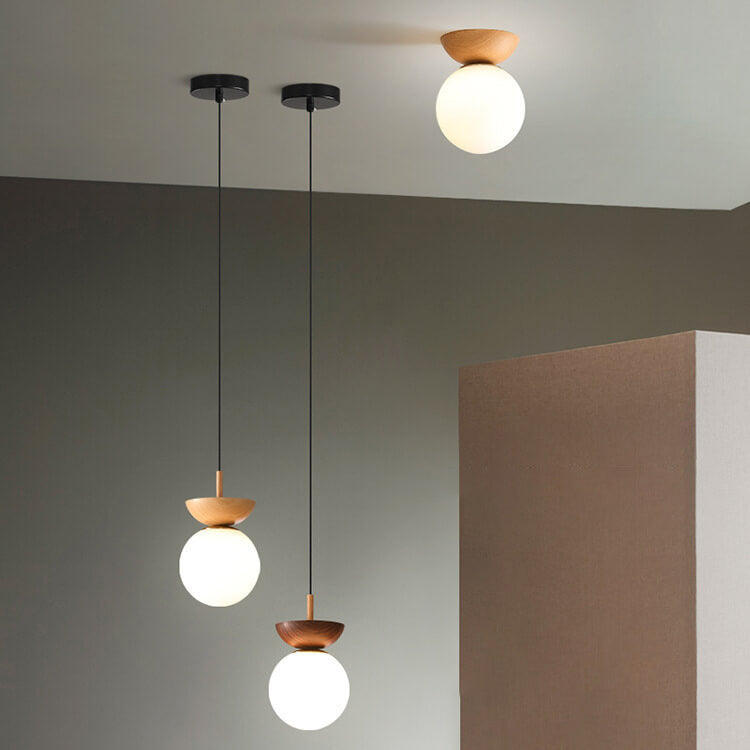 Ceiling Light Semi-Recessed Glass Globe Wood Finish