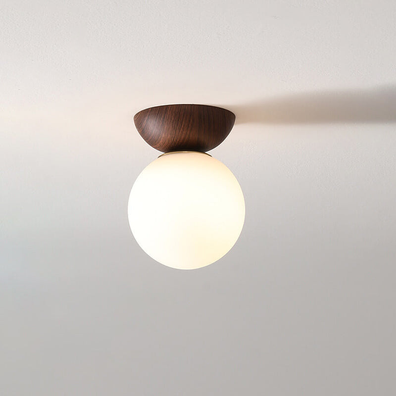 Ceiling Light Semi-Recessed Glass Globe Wood Finish