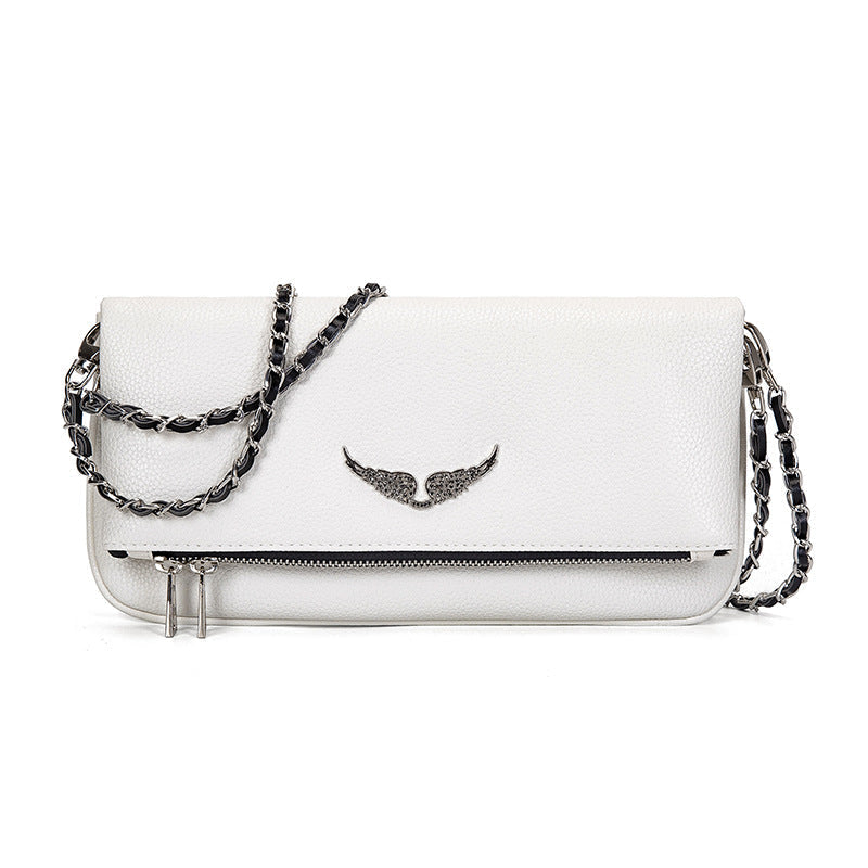 Clutch Faux Leather Rhinestone Wing Appliqué & Detachable Chain