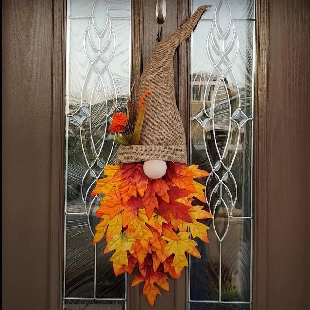 Door Hanger Gnome Silhouette Fabric & Faux Maple Leaves