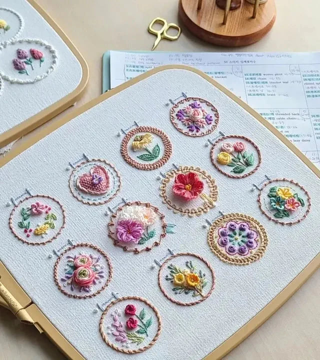 Embroidery Kit Pre-Printed Linen 12 Floral Designs Wooden Hoop