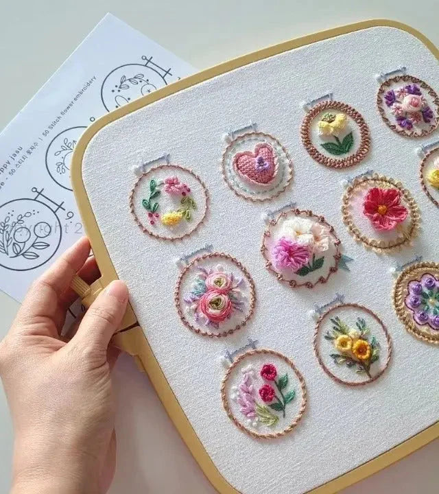 Embroidery Kit Pre-Printed Linen 12 Floral Designs Wooden Hoop