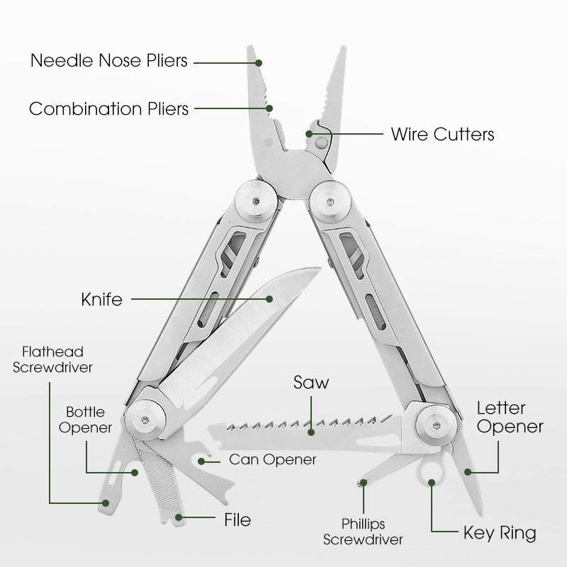 Folding Multitool 12-in-1 Stainless Steel Lockable Ergonomic Handle