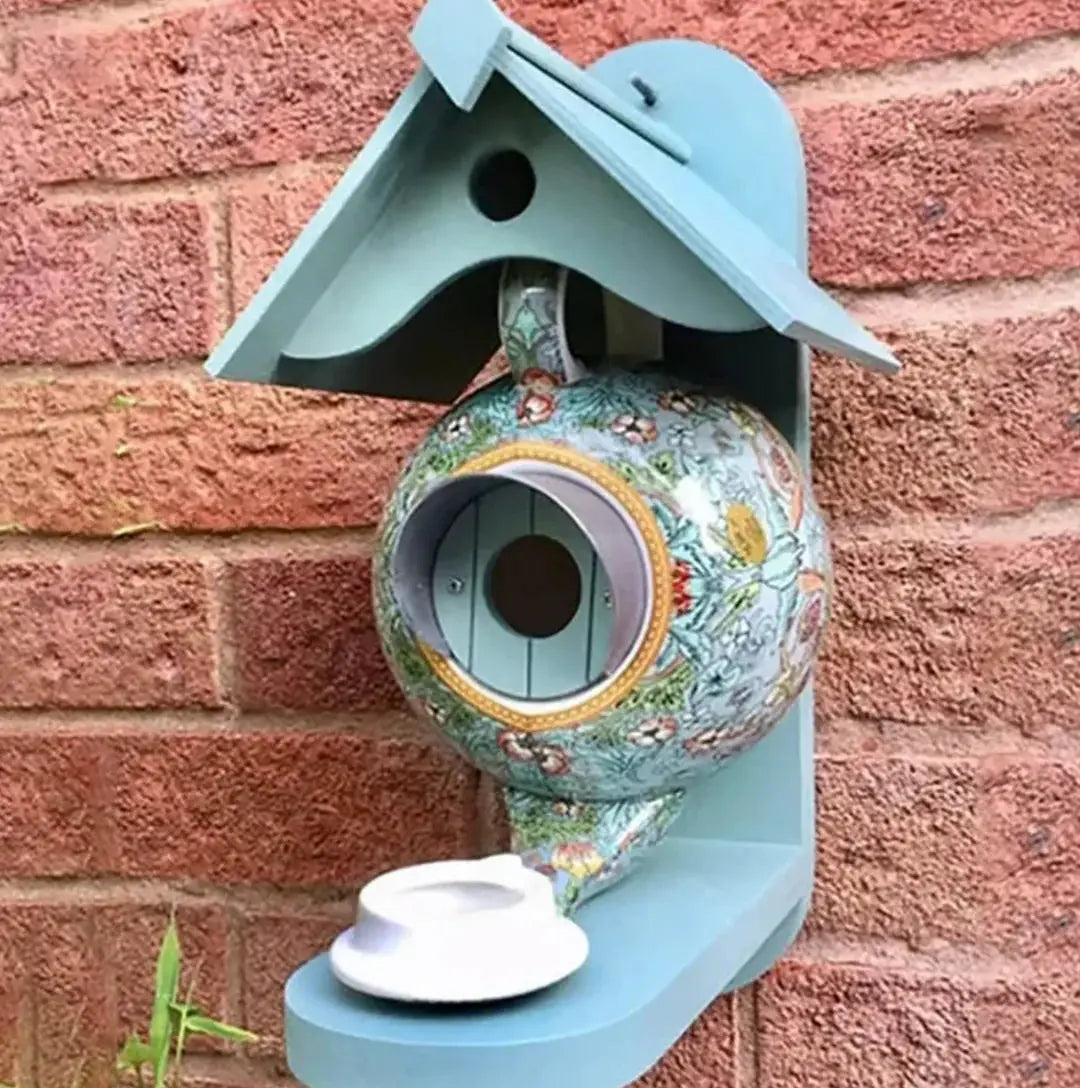 Garden Birdhouse Teapot Design Hand-Painted Weather-Resistant Resin