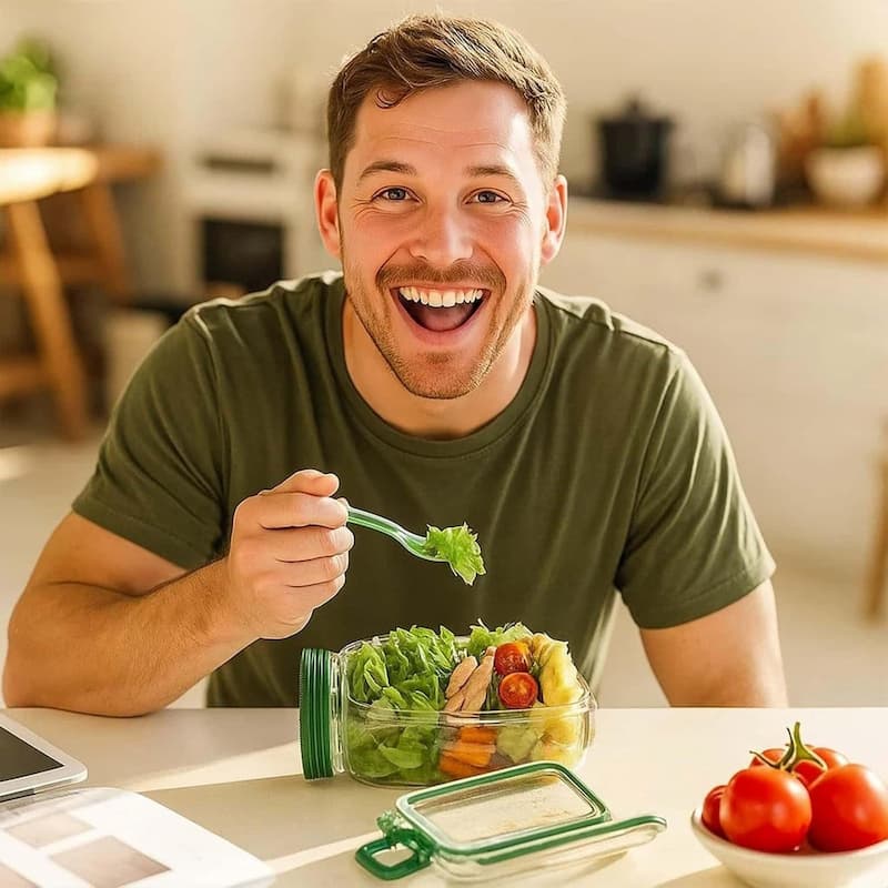Glass Salad Container Screw-Seal Lid & Dressing Compartment