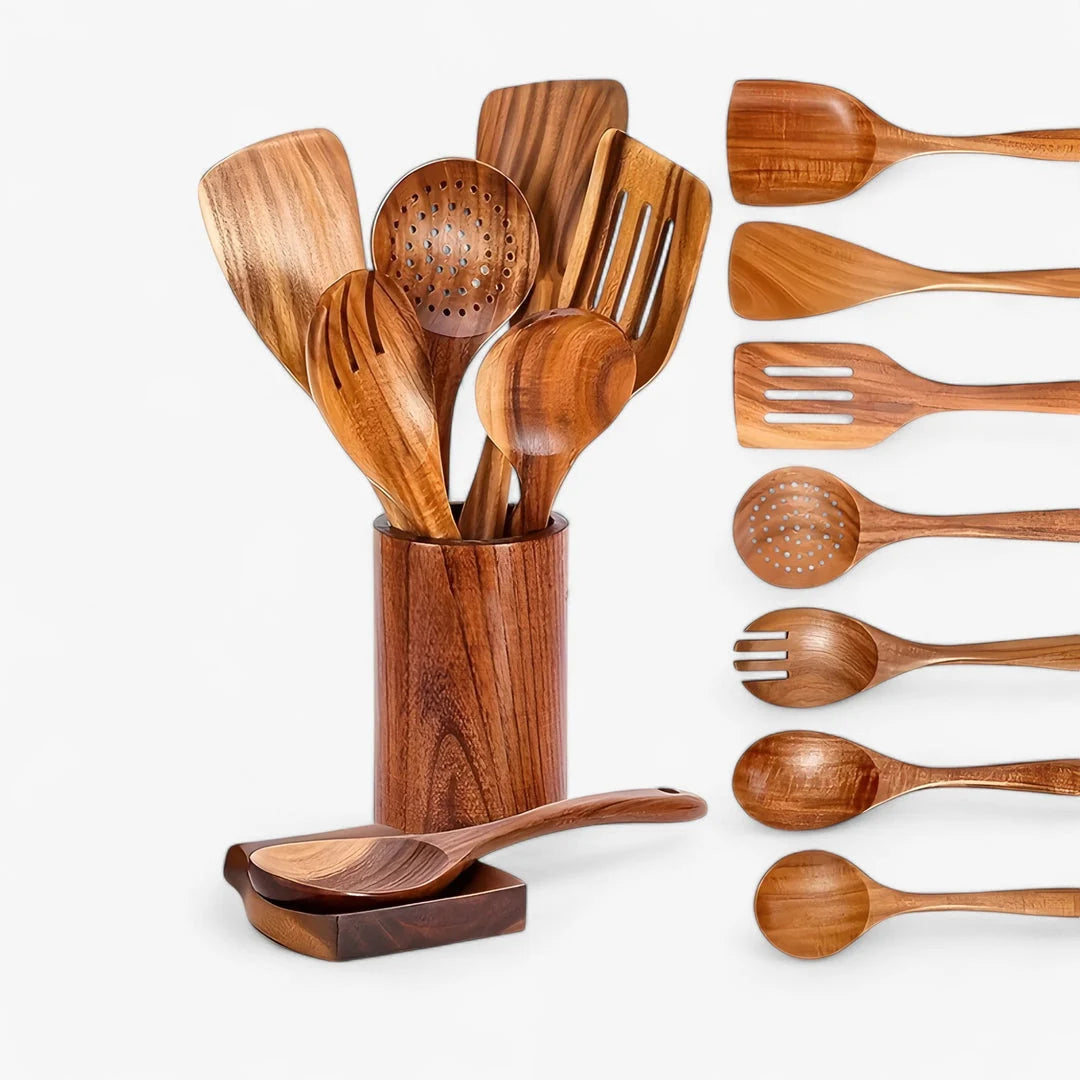 Kitchen Utensil Set Solid Teak Heat Resistant 9 Piece