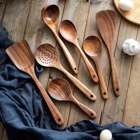 Kitchen Utensil Set Solid Teak Heat Resistant 9 Piece