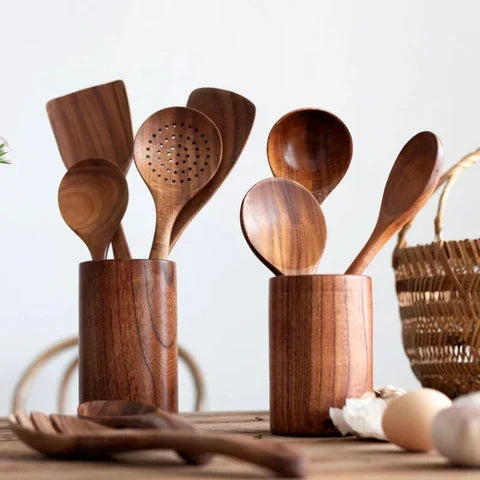Kitchen Utensil Set Solid Teak Heat Resistant 9 Piece
