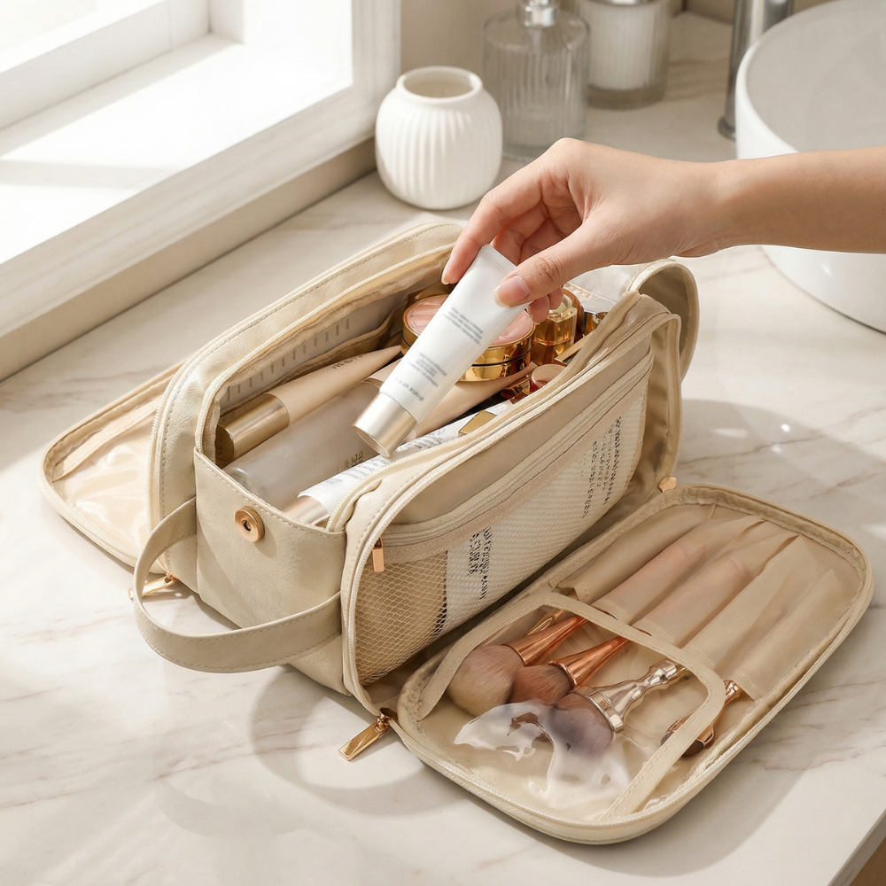 Makeup Organizer Flat-Opening 16 Brush Slots Waterproof PU-Leather
